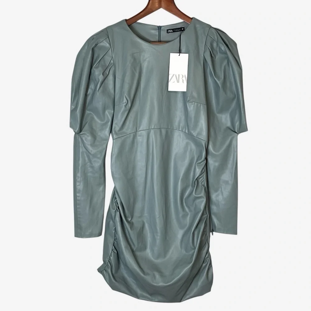 NWT ZARA Faux Leather Mini Dress Puff Sleeve Zip Wrist Green Blogger Fave - Picture 2 of 13